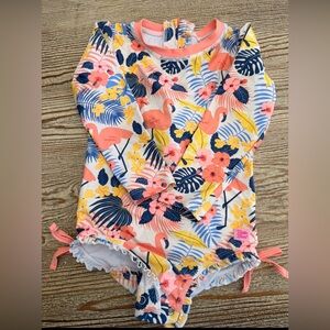Rufflebutts Girls' toddlerFlamingo Floral Long-Sleeve Rash Guard Swimsuit